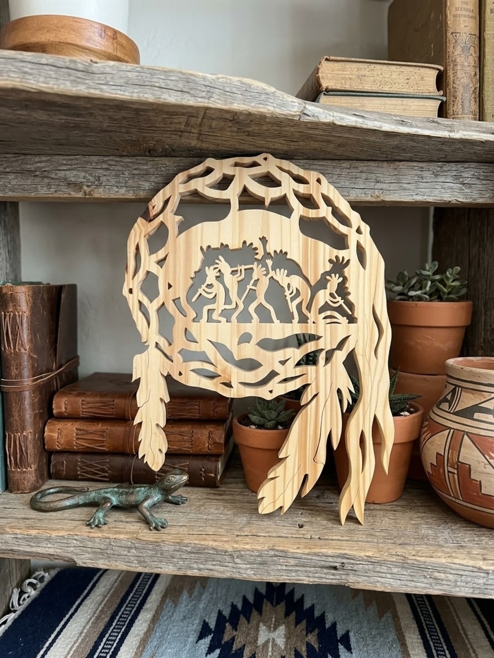 Wood Dreamcatcher Kokopelli Silhouette Plaque Native American Southwestern 14"